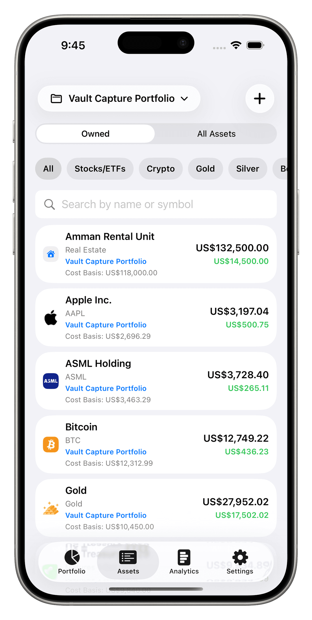Vault Portfolio - Owned assets and holdings list