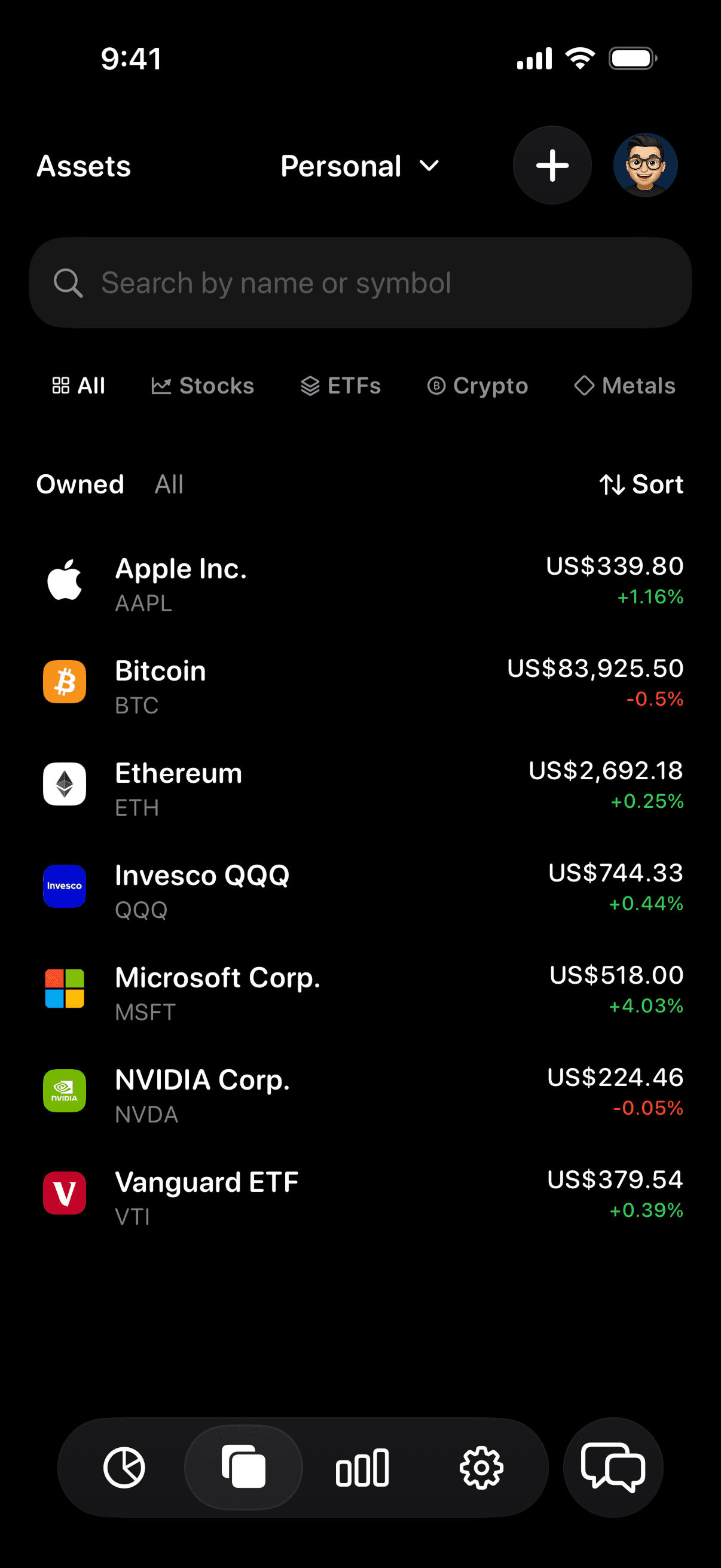 Vault holdings screen with stocks, ETFs, crypto, and metals filters